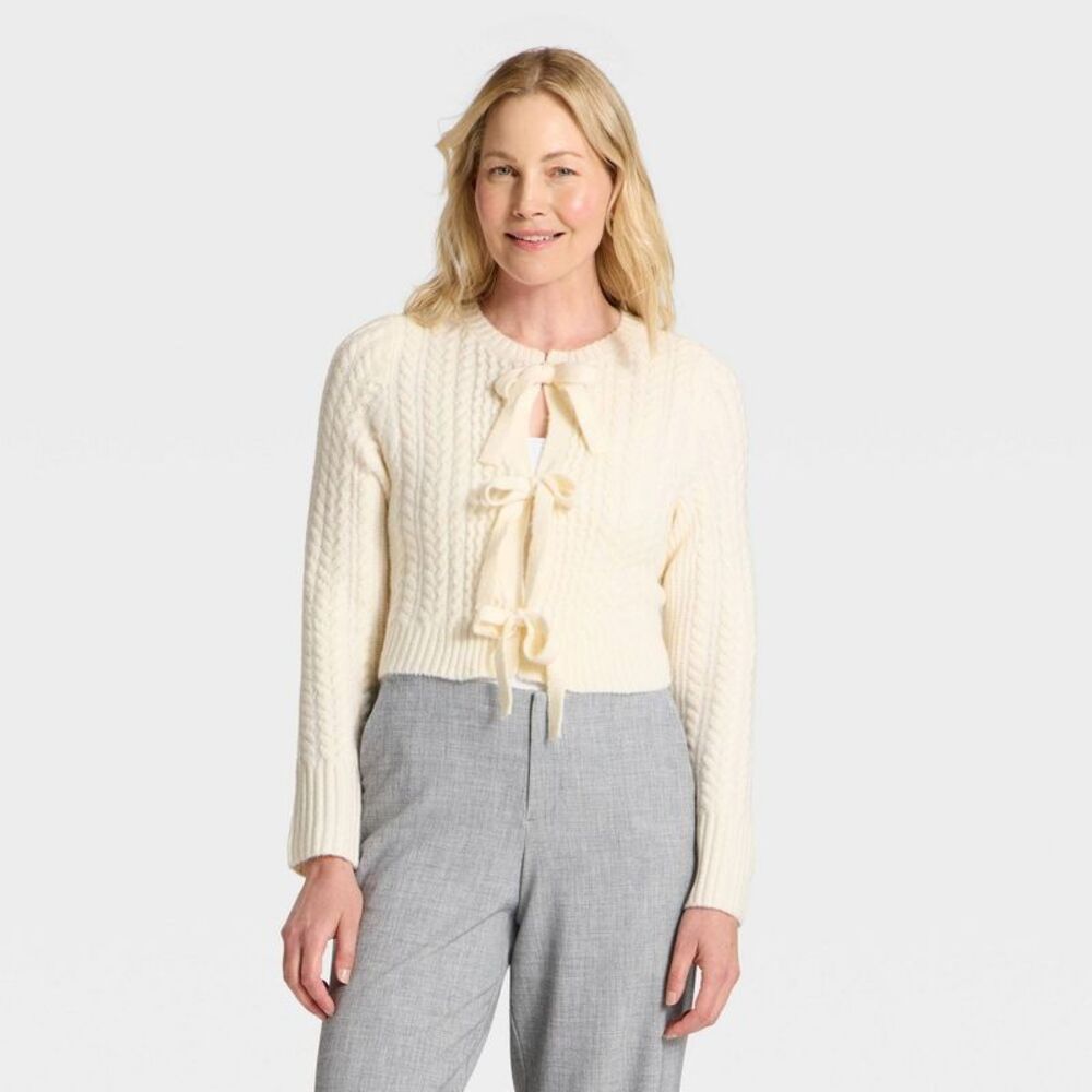 Women's Long Sleeve Bow Cardigan Sweater - A New Day Cream S